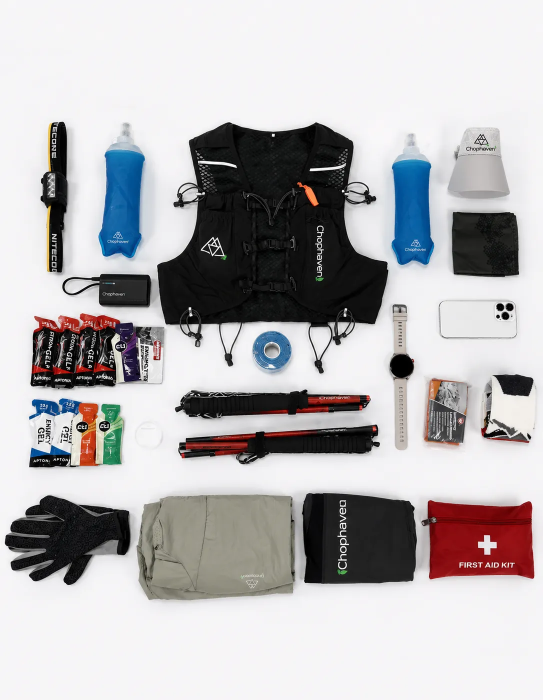 Trail running gear flat lay with Chophaven Hydration Vest